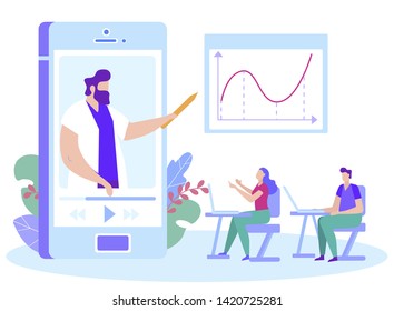 Students Sit at Desks. Watch Lecture on Phone. Distance Learning. E-Learning. Online Training. White Background. Sit at Table with Laptop. Vector Illustration. Teacher on Monitor. Show Hand on Graph.