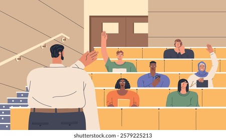 Students sit facing professor. Youth in lecture hall, academic education, yong modern people in university auditorium, vector illustration