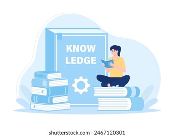 Students sit on books and read science  trending concept flat illustration