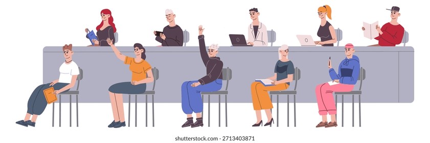 Los estudiantes se sientan en una conferencia. Audiencia universitaria. Curso de aprendizaje