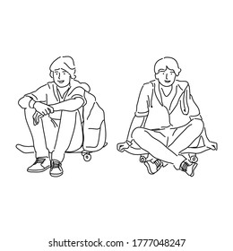 students sit on a skateboard Monoline Illustration