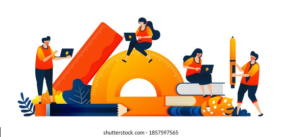 Students sit at stationery while studying. Learning equipment in class. Vector illustration concept can be use for landing page, template, ui ux, web, mobile app, poster, banner, website, flyer