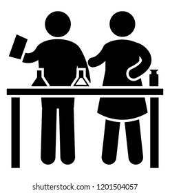 Students sitting in classroom with lab beakers, science class icon 