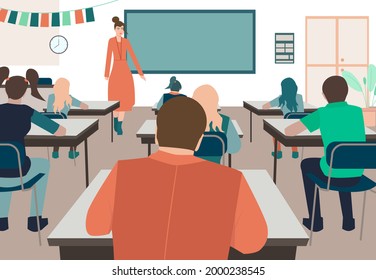 Estudiantes sentados en clase y escuchando la conferencia de un profesor. Tiempo de lección. De vuelta a la escuela. Ilustración vectorial editable