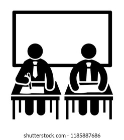 Students sitting in classroom with paper in front to describe exams icon