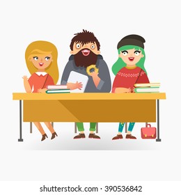 Students sitting at the desk with books and laptop. Funny characters in flat style. Vector colorful illustration