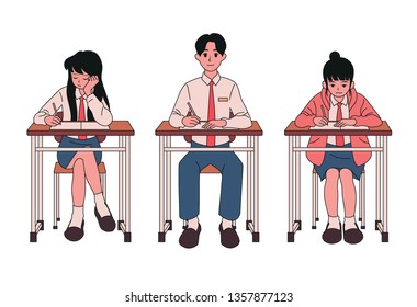 Students sitting at the desk and taking classes. hand drawn style vector design illustrations. 