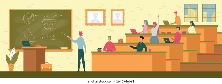 Students Sitting at Desks with Books on Lecture Flat Cartoon Vector Illustration. Teacher Standing near Blackboard and Showing Formula to Boys and Girls. Asking Questions. Classroom for Education.