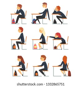 Students Sitting at Desks in Classroom, Side View, Pupils Studying at School, College or University Vector Illustration