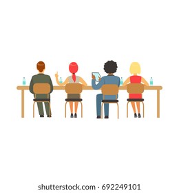 Students sitting at desks at college or university auditorium, back view, high school education vector Illustration