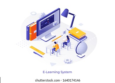 Students sitting at desks in front of giant computer screen and studying. Concept of distance learning, e-learning system, online examination, digital education. Modern isometric vector illustration.