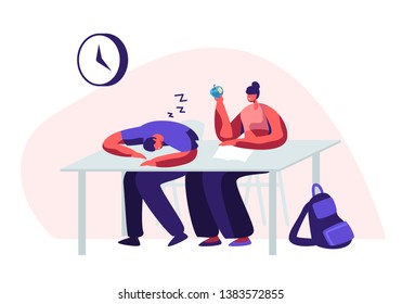 Students Sitting at Desks Visiting Lecture in University. Male Character Sleeping, Girl Holding Apple in Hand. Learning. Seminar, Higher Education, Gaining Knowledge Cartoon Flat Vector Illustration
