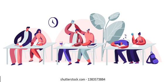 Students Sitting at Desks Visiting Lecture in University. Male and Female Characters Learning. Communicating, Sleeping on Seminar. Higher Education, Gaining Knowledge. Cartoon Flat Vector Illustration