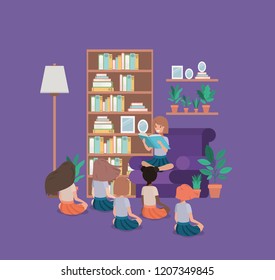 students sitting in the livingroom reading book