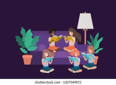 students sitting in the livingroom reading book