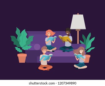 students sitting in the livingroom reading book