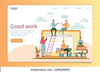 Students Sitting on Big Laptop and Book Piles Getting Knowledge Flat Cartoon Banner Vector Illustration. Boys Sitting on Screen Drinking Coffee and Having Conversation. Reading Literature.