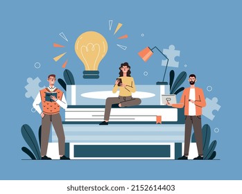 Students sitting on book. Men and girls love literature. Poster or banner for holiday. Education and self development, characters preparing for test or exam. Cartoon flat vector illustration