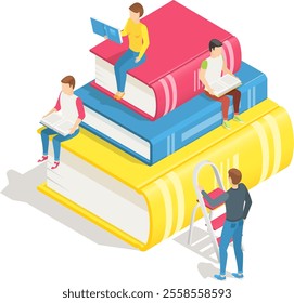 Students are sitting on a giant stack of colorful books and reading, while another student is climbing a ladder to reach the top, in this isometric illustration about education and learning