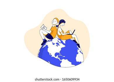 Students sitting on globe flat vector on white background. Distant education and E-learning concept