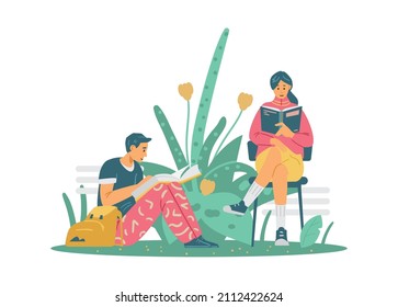 Students sitting on grass and reading books, flat cartoon vector illustration isolated on white background. Students or young people reading outdoors.