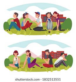 Students Sitting on Lawn in front of College Building Set, Boys and Girls Talking to Each Other Vector Illustration
