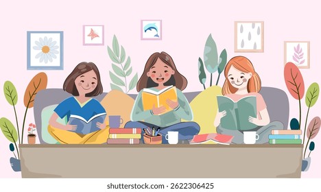 Students are sitting and reading books to review their knowledge. vector, illustration.