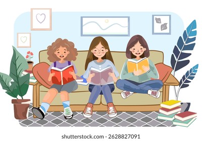 Students are sitting and reading books to review their knowledge. vector, illustration.