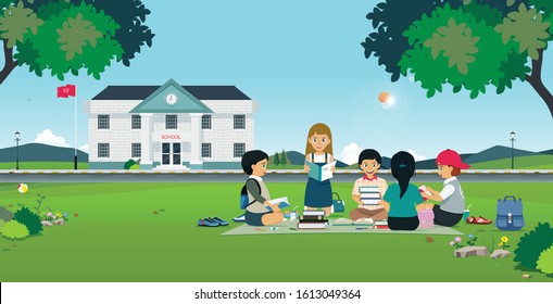Students sitting and reading books with a school background.