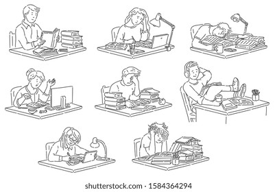 Students sitting at table reading and studying in hand drawn outline style - isolated vector illustration set of various stressed and happy pupils making homework or preparing for exams.