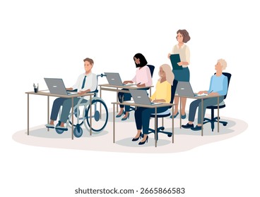 Students sitting at tables with books and laptops at a lecture, seminar or working together. Vector illustration on a white background.