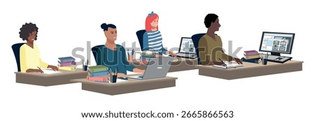 Students sitting at tables with books and laptops at a lecture, seminar or working together. Vector illustration on a white background.