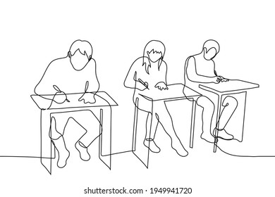 students are sitting at their desks for the exam - one line drawing. offline learning concept, students adolescents without masks complete assignment or take lecture notes