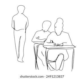 students are sitting at their desks for the exam one line drawing. offline learning concept, students adolescents without masks complete assignment or take lecture notes