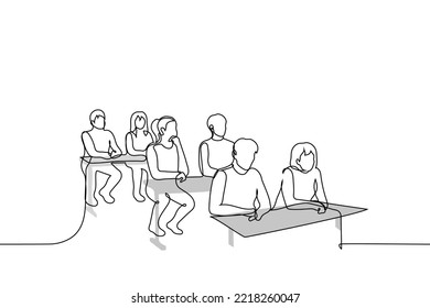 students sitting at their desks - one line drawing vector. concept college education or parent meeting at school