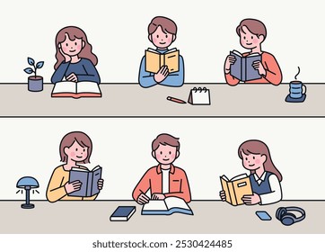 Os alunos estão sentados em suas mesas e lendo livros. descreva uma simples ilustração vetorial.