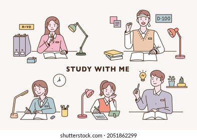 Students are sitting at their desks and studying hard. flat design style vector illustration.