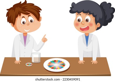 Students with skittles rainbow science experiment illustration
