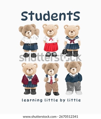 students slogan with bear dolls in variety student uniforms vector illustration