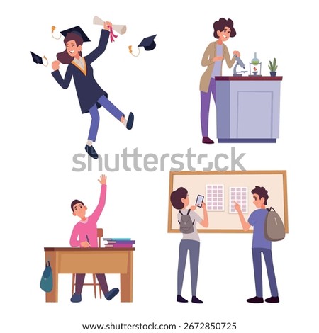 Students. Smart characters in university exact vector template illustrations of male and female students in different poses