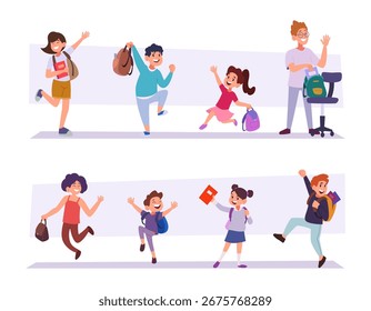 Estudantes. Caracteres de educação inteligente de volta para a escola ilustrações modelo vetorial exato de aprender pessoas
