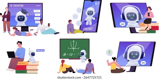 Estudantes com smartphones, estudando on-line com chat bot. Educação digital à distância. Assistência robótica IA na tela do computador. Cartoon Suporte à aprendizagem de inteligência artificial. Conjunto plano vetorial