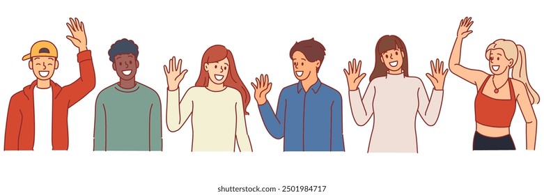 Students smile and wave hands. Multicultural people, different nationals characters, happy guys and girls for casual clothes, male and female portraits, cartoon flat isolated i vector set