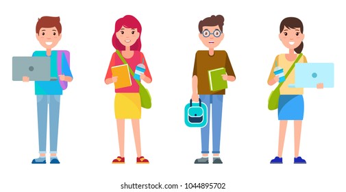Students smiling collection students with laptops and books, cups with milkshakes, backpack and bags, vector illustration isolated on white background