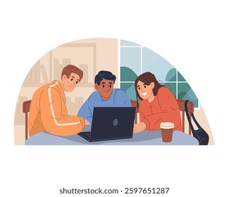 Students socializing or having chat at cafe. Vector people engaged in group education or study life. Teamwork and social learning poster. Relaxed university or college discussion, conversation.