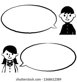 Students and speech bubble. Male and female students in uniforms. Vector illustration.
