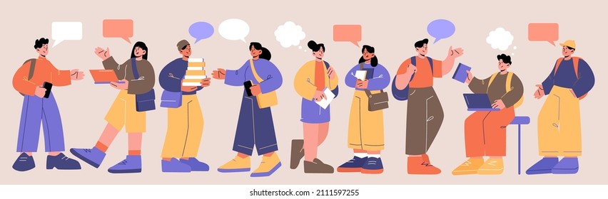 Students with speech bubbles, textbooks and gadgets. Teenagers chatting, communicate in school, college or university campus. Girls or boys prepare for exam, studying Line art flat vector illustration