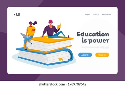 Students Spend Time in Library or Prepare for Grammar Test Examination Landing Page Template. Tiny Characters Reading, Working on Laptop Sitting on Huge Books Pile. Cartoon People Vector Illustration