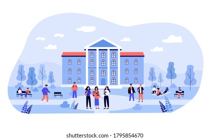 Students spending time in campus near college building. Young people standing together, talking, sitting on bench or blanket on grass. Vector illustration for school, education, studentship concept