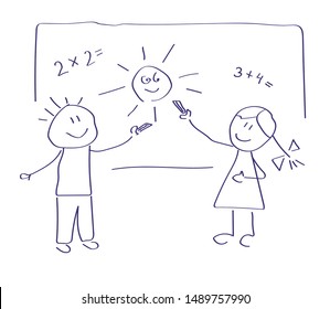 Students stand at the blackboard and draw the sun. Vector illustration.